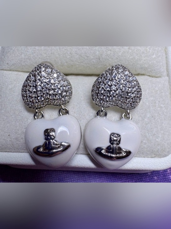 None Jewelry - White Heart Drop Earrings with Crystal Pavé Tops